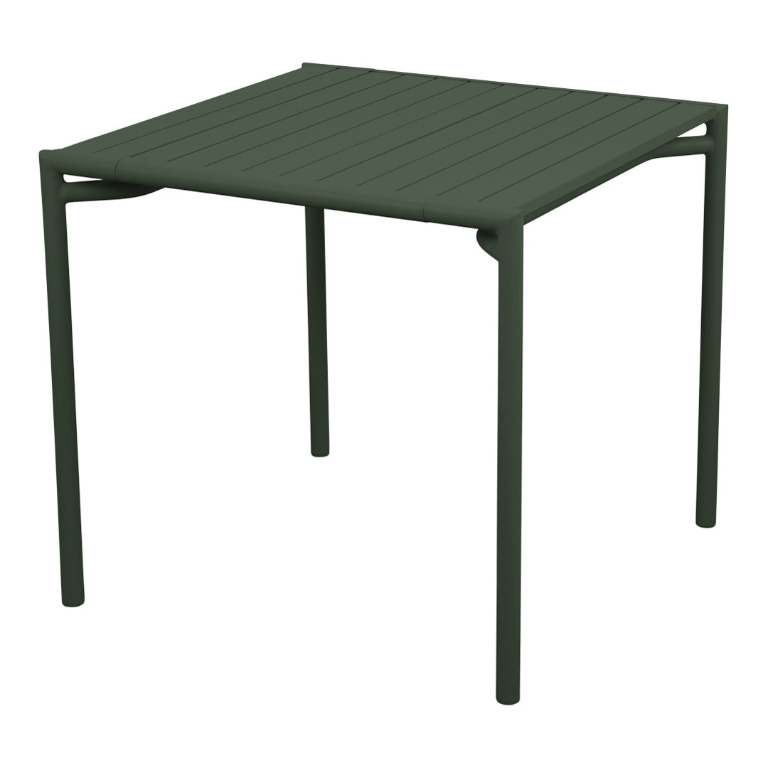 "Square outdoor table in dark green with a textured, slatted surface and sleek, minimal legs."