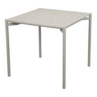 Light gray square table with horizontal slats and sleek legs, perfect for modern outdoor or indoor decor.