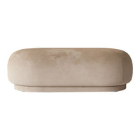 Beige upholstered ottoman with a smooth, rounded design, featuring a minimalist, modern aesthetic in neutral tones.