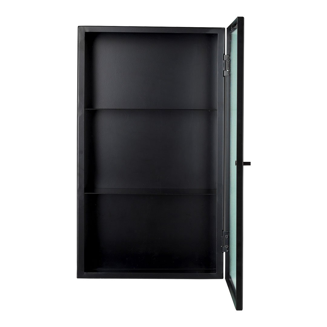 Black cabinet with transparent glass door, featuring three shelves and a sleek, minimalist design.