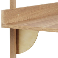 Light oak wood shelf with a sleek golden bracket, showcasing a natural finish and smooth lines.