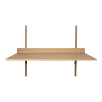 Natural wood wall shelf with a sleek, minimalist design in light oak finish, showcasing a smooth surface and straight lines.