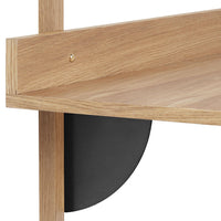 Natural wood grain shelf with a sleek black circular support, highlighting a modern, minimalist design.