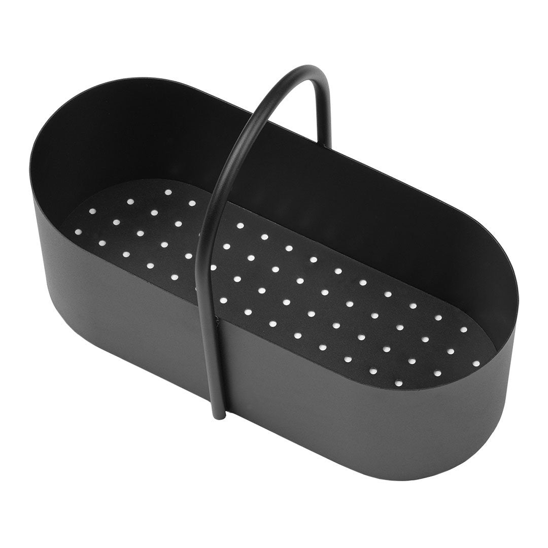 Black oval basket with a handle, featuring a perforated base and solid black sides. Perfect for organization.