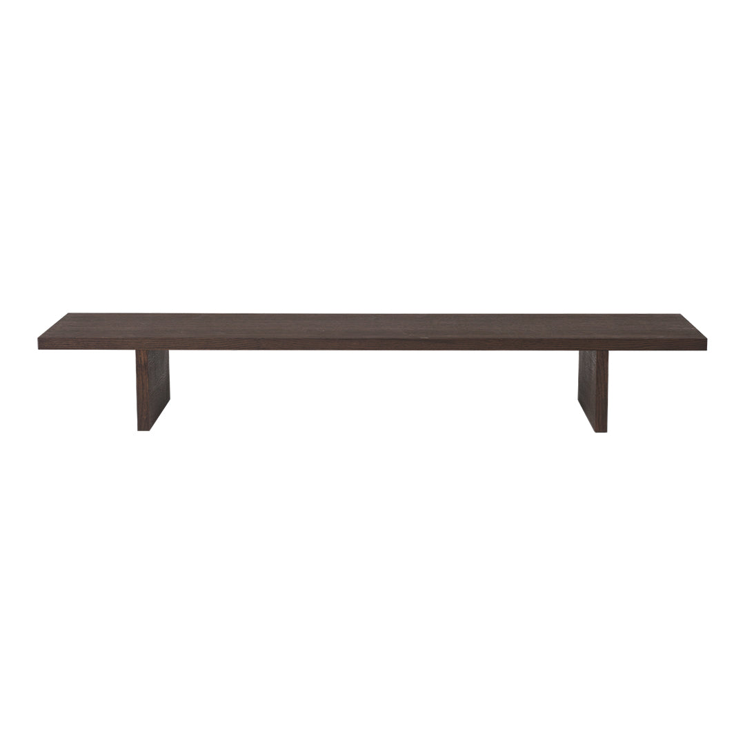 Dark brown wooden bench with a sleek, minimalist design and smooth finish. Ideal for modern decor.