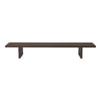 Dark brown wooden bench with a sleek, minimalist design and smooth finish. Ideal for modern decor.