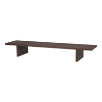 Dark brown rectangular wooden shelf with a smooth, minimalist design and sturdy, angled support legs.