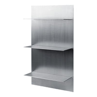 Sleek silver metal shelving unit with a smooth, brushed finish and three open shelves for modern storage solutions.