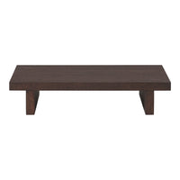 Dark brown wooden coffee table with a smooth finish and minimalist design. Perfect for modern decor.