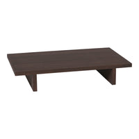 Dark brown wooden coffee table with a sleek, minimalist design and smooth finish. Ideal for modern decor.