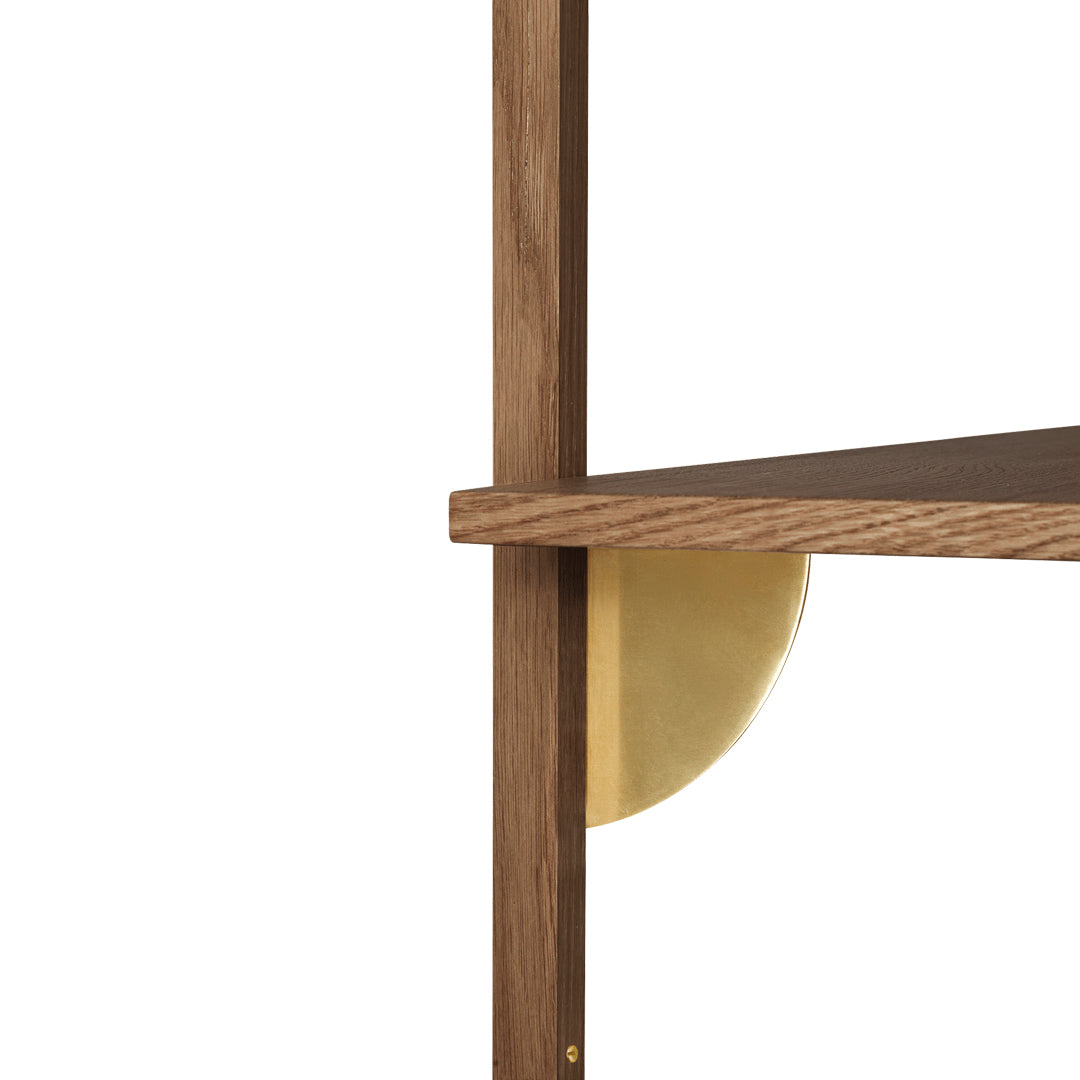 Wooden shelf with rich walnut finish and gold circular bracket detail. Modern design with sleek lines and elegant contrast.