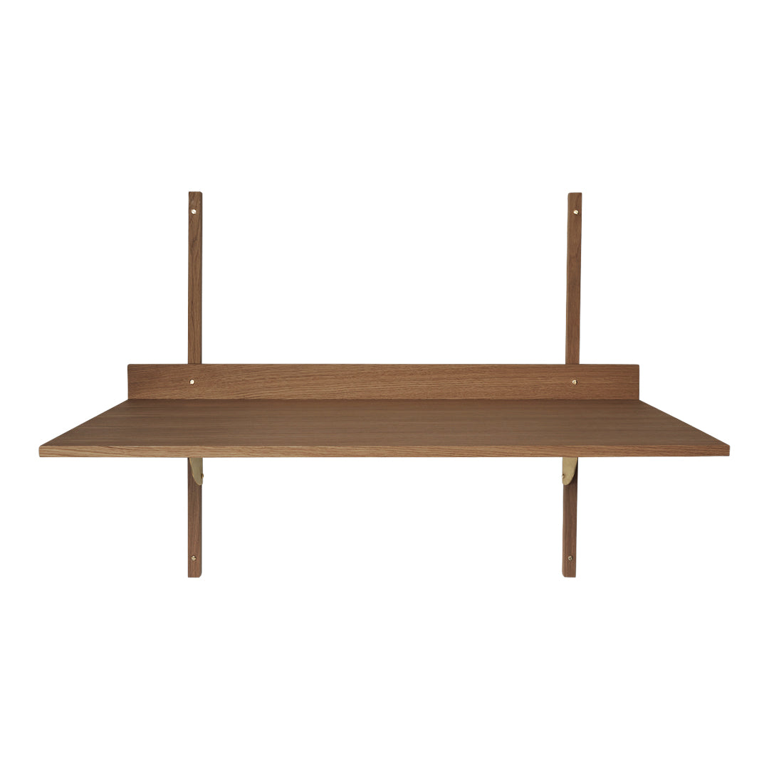 Wooden wall shelf in warm brown with a smooth finish and minimalist design, featuring two vertical support brackets.