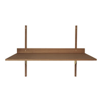 Wooden wall shelf in warm brown with a smooth finish and minimalist design, featuring two vertical support brackets.