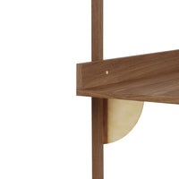 Modern wooden shelf with a rich brown finish and a sleek gold circular bracket accent. 