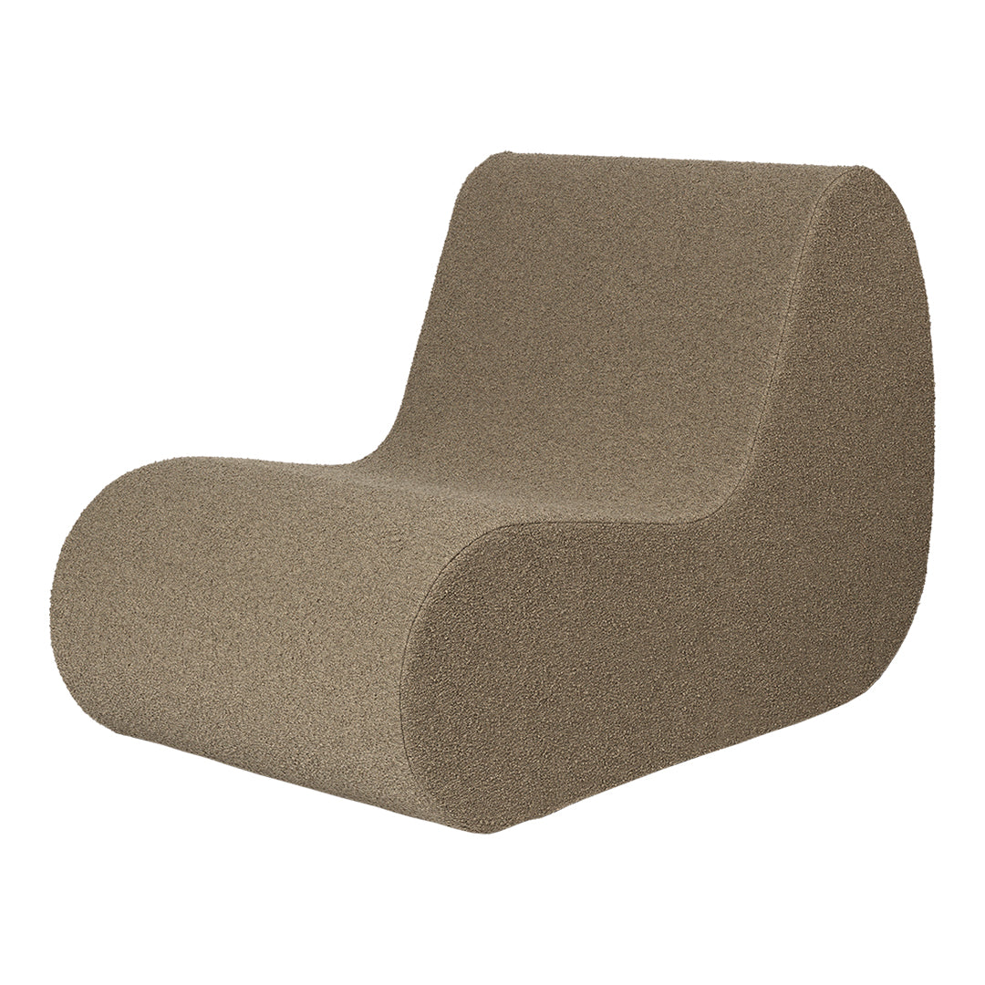 Stylish taupe lounge chair with a smooth, contemporary design and curved shape, perfect for modern interiors.