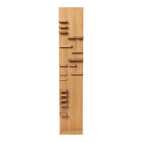 Natural wood bookshelf with a light oak finish and unique, asymmetrical shelving design. Ideal for modern decor.