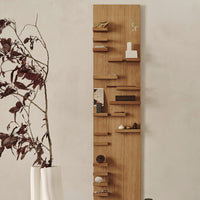 Natural wood wall shelf with a light brown finish, featuring minimalist design, vertical orientation, and subtle patterns.