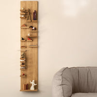 "Light wood wall shelf with geometric patterns, featuring assorted decorative items in vibrant colors."
