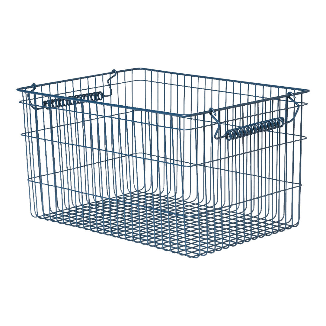 Wire storage basket in a sleek blue finish, featuring a clean, grid-like pattern for stylish organization.