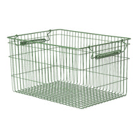 Green wire storage basket with a grid pattern and open design, featuring sturdy handles for easy carrying.