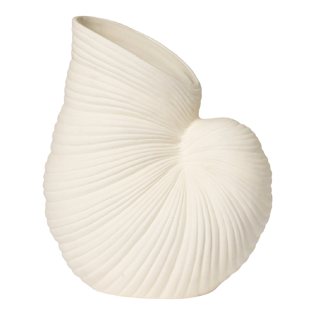 White spiral vase with ribbed texture, resembling a nautilus shell, elegantly crafted and smooth.