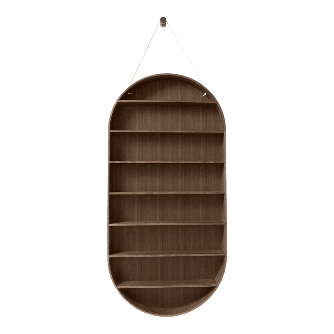 Brown wooden oval wall shelf with clean, horizontal lines and a simple rope hanger, emphasizing a minimalist design.