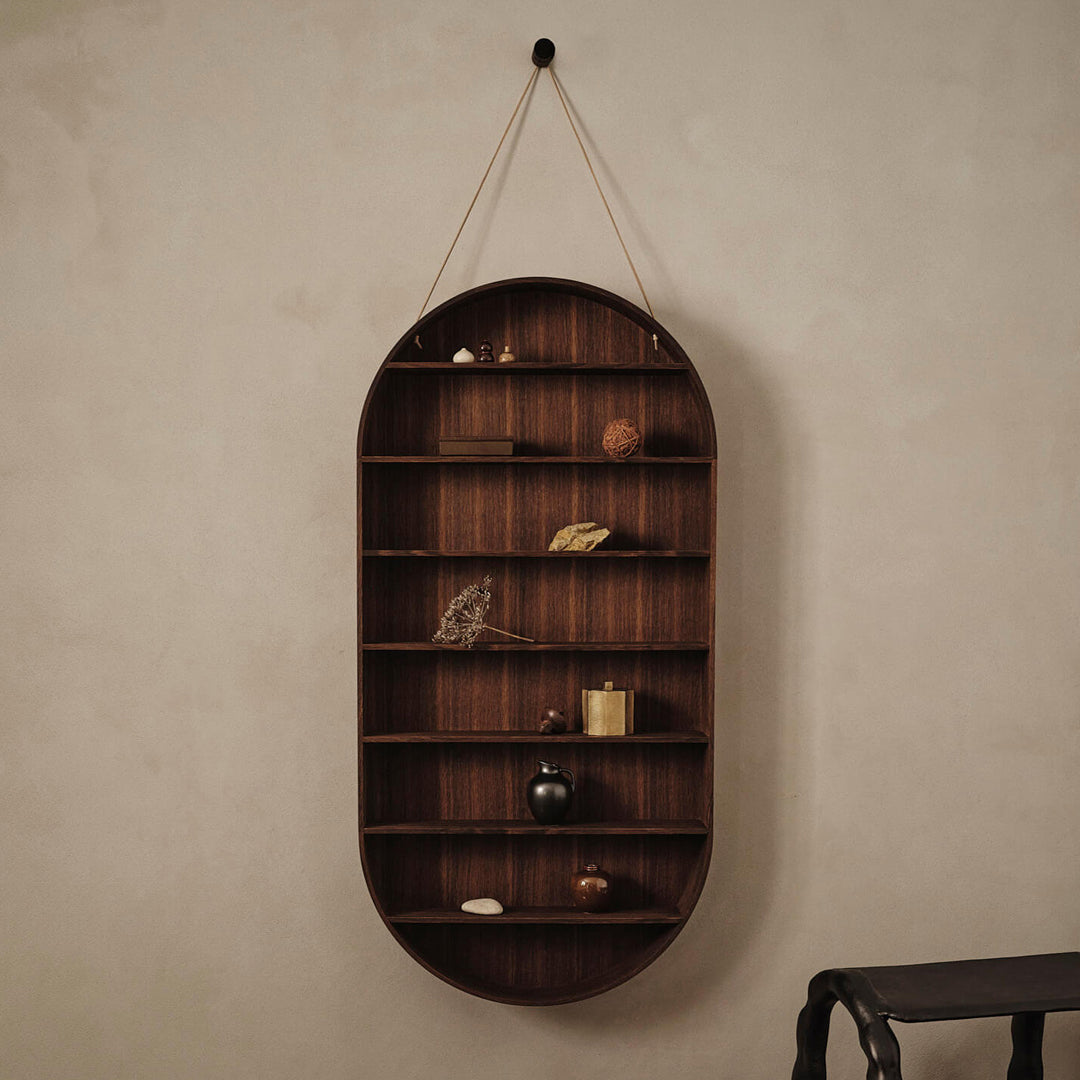 Wooden wall shelf with a rich brown finish featuring a clean, striped pattern and a minimalist oval design.