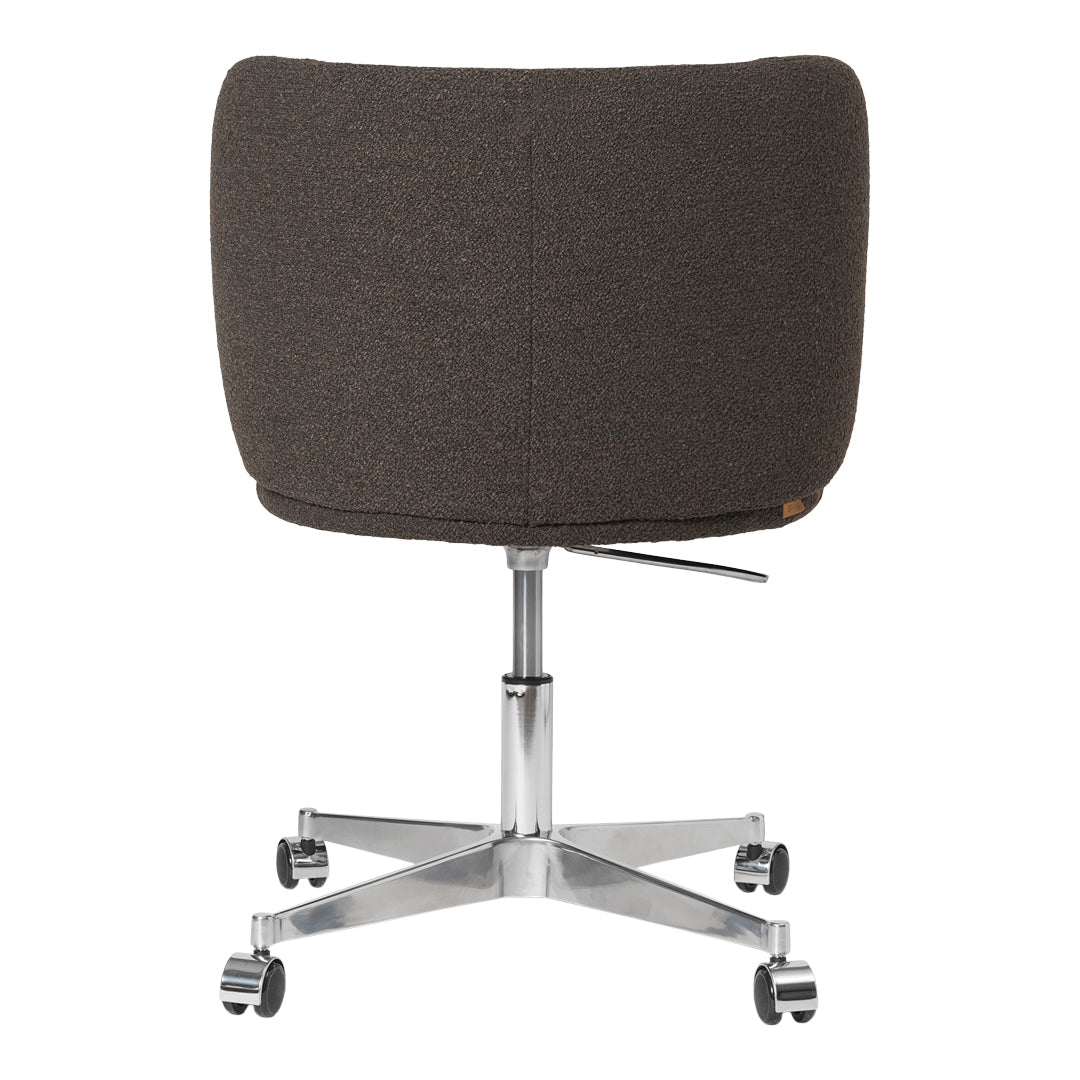 Gray upholstered office chair with a sleek chrome base and rounded back design. Suitable for modern workspaces.