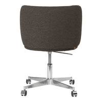 Gray upholstered office chair with a sleek chrome base and rounded back design. Suitable for modern workspaces.