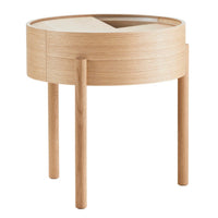 Natural wood nightstand with a circular design and smooth finish, featuring a light oak color and minimalistic pattern.