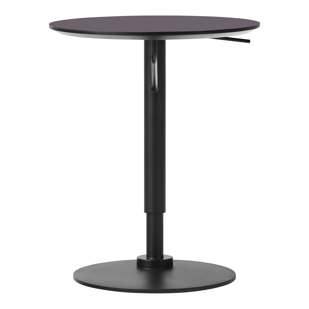 Round black and purple adjustable side table with a sleek metal base, featuring a minimalist design.