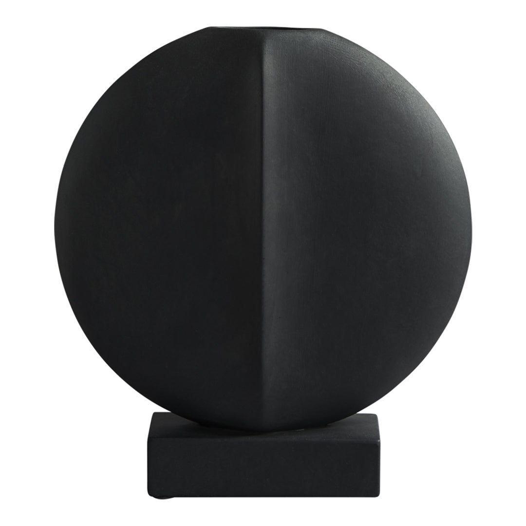 Sleek black vase with a smooth finish and unique geometric design, featuring a subtle matte texture.