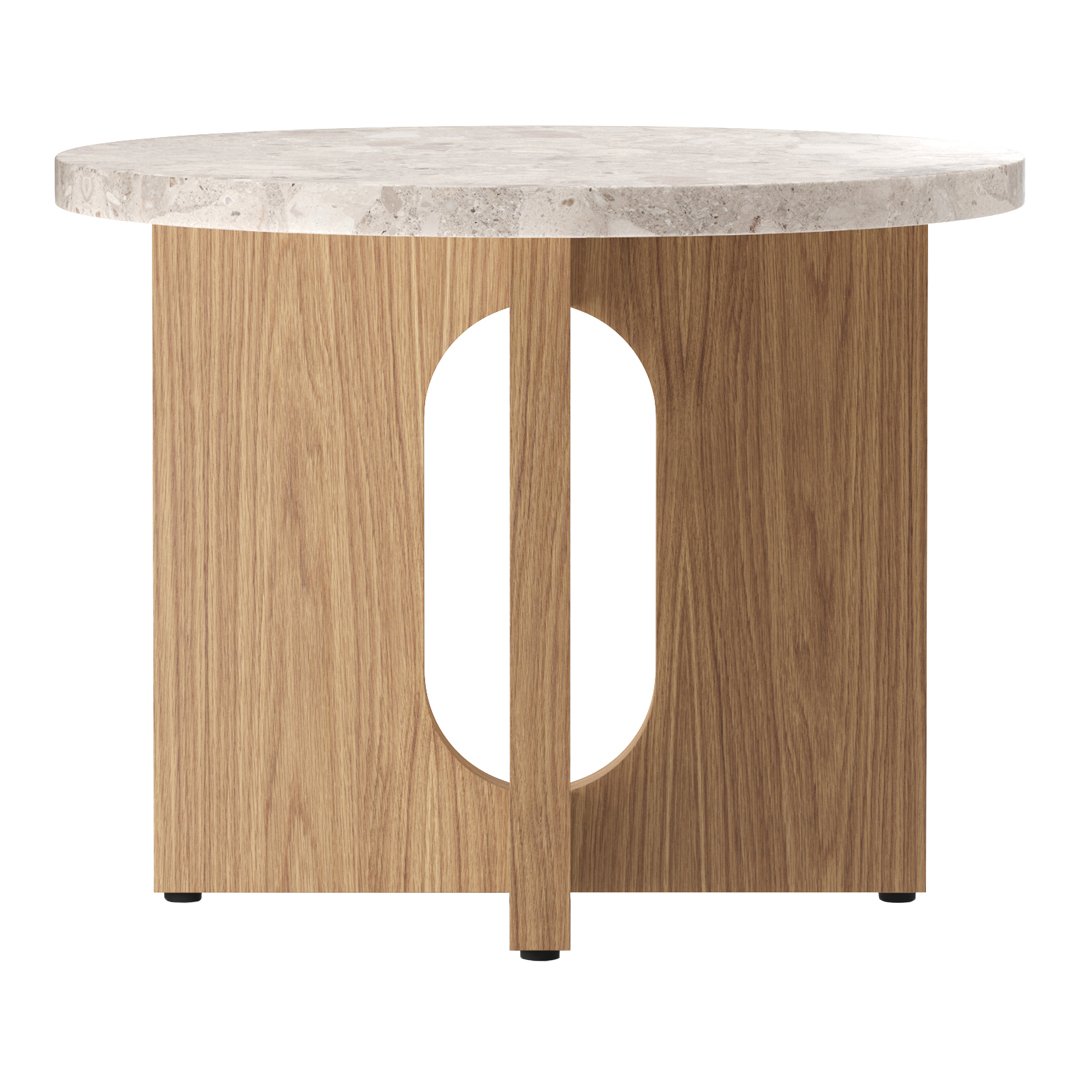 Round white marble top coffee table with natural wood base featuring a modern cut-out design.