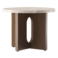 Round side table with a light gray marble top and dark brown wooden base featuring a unique cutout design.