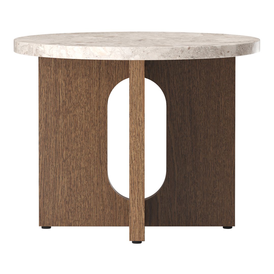 Round marble top side table with dark wood base and modern geometric cutout design. Ideal for contemporary decor.
