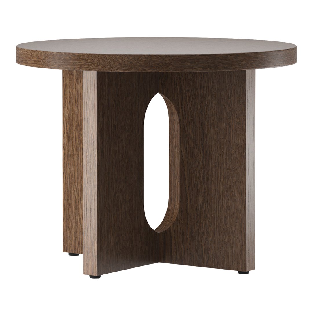 Round wooden side table in rich brown finish with a unique cutout design on the base. Ideal for modern decor.