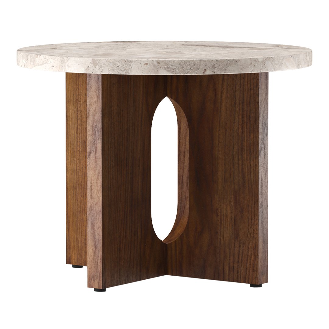 Round table with a light grey stone top and dark walnut legs featuring a unique cut-out design.