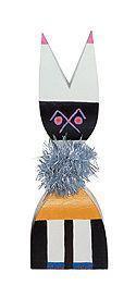Colorful patterned decorative doll with black, white, pink, orange, and blue elements featuring a fluffy blue pom-pom.