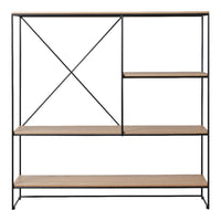 Modern black metal shelving unit with natural wood shelves and geometric pattern design. Simple and stylish storage solution.