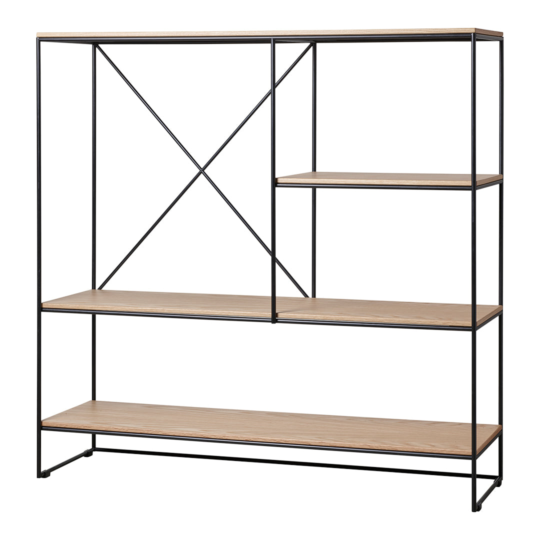 Black metal shelving unit with natural wood shelves and minimalist design. Features clean lines and cross-pattern accents.