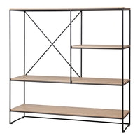 Black metal shelving unit with natural wood shelves and minimalist design. Features clean lines and cross-pattern accents.