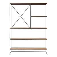 Industrial-style bookshelf with a black metal frame and natural wood shelves, featuring a geometric open design.