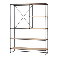 Black metal frame with natural wood shelves, featuring a minimalist design and geometric pattern. Perfect for modern decor.