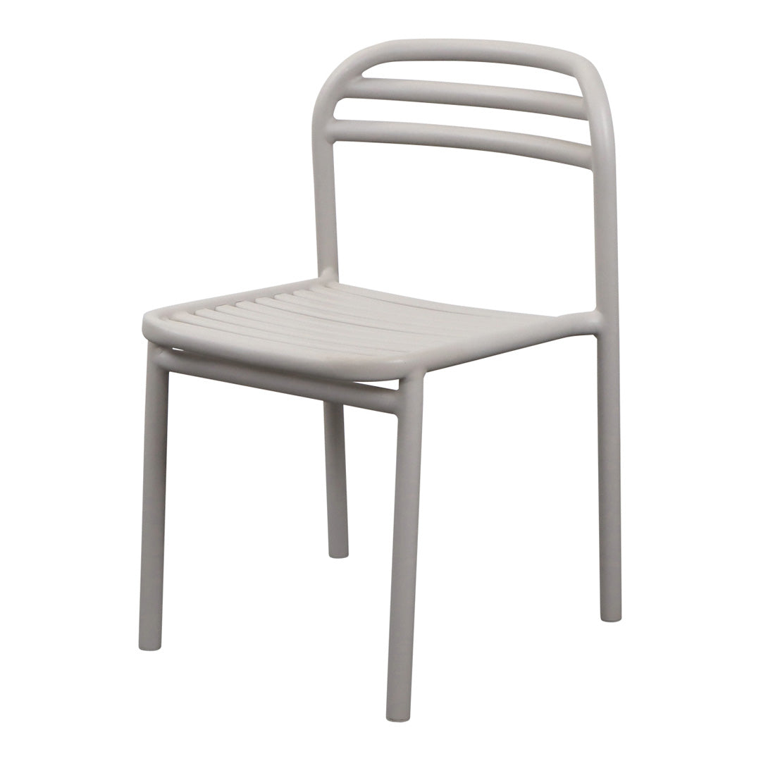 Light grey chair with slatted seat and minimalist design, featuring three horizontal backrest bars.