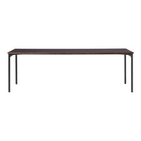 "Dark wood rectangular table with sleek black metal legs, creating a modern and minimalist aesthetic."