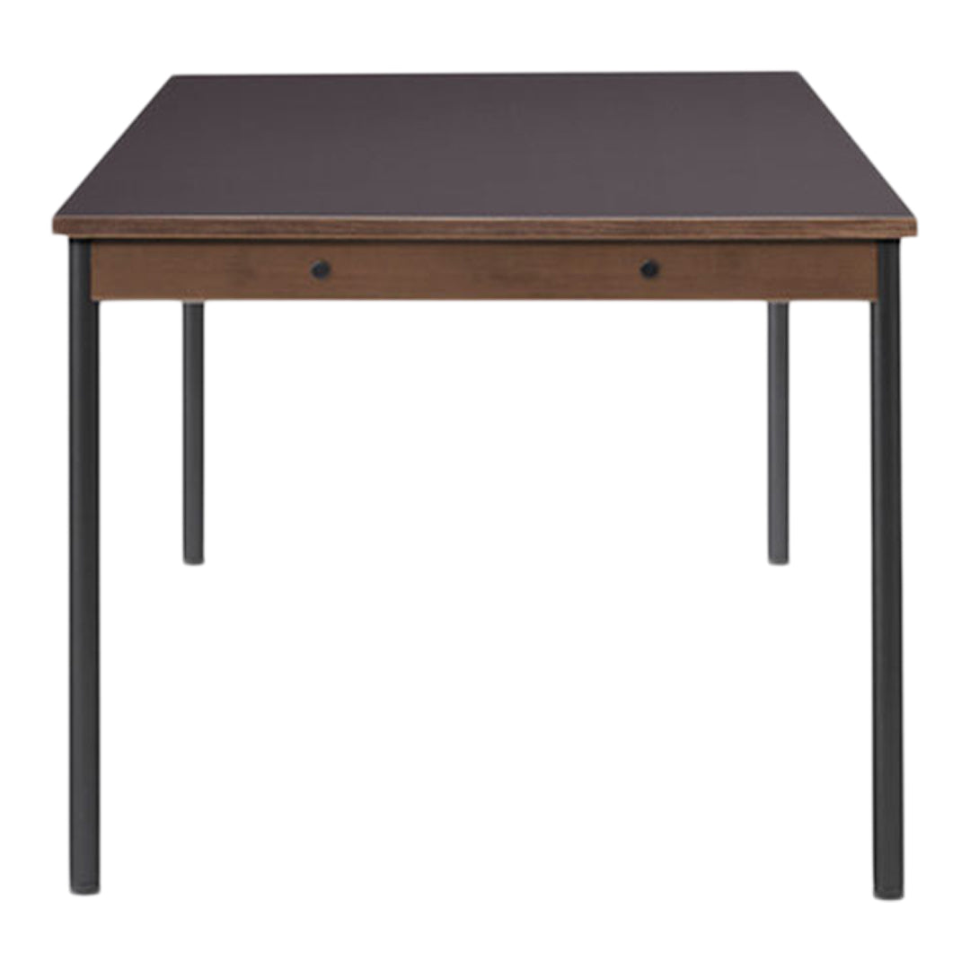 Brown wood table with a dark brown top and black metal legs. Simple and modern design for versatile use.