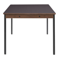 Brown wood table with a dark brown top and black metal legs. Simple and modern design for versatile use.