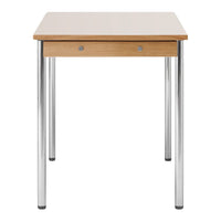 Light wood tabletop with a smooth finish, paired with sleek chrome legs and minimalist design. Perfect for any décor.