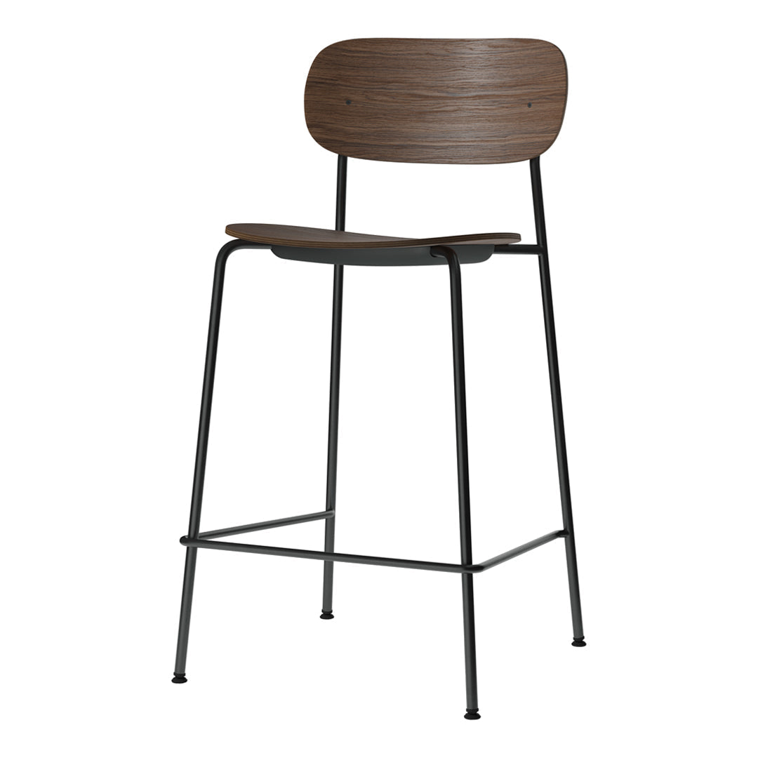 Modern wooden bar stool with a rich brown finish and sleek black metal legs, featuring a minimalist design.
