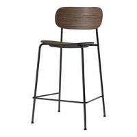 Modern wooden bar stool with a rich brown finish and sleek black metal legs, featuring a minimalist design.
